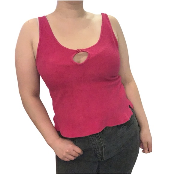 Vintage 80s Raspberry Pink Sleeveless Terrycloth Crop Tank Top Keyhole Detail - Picture 8 of 16